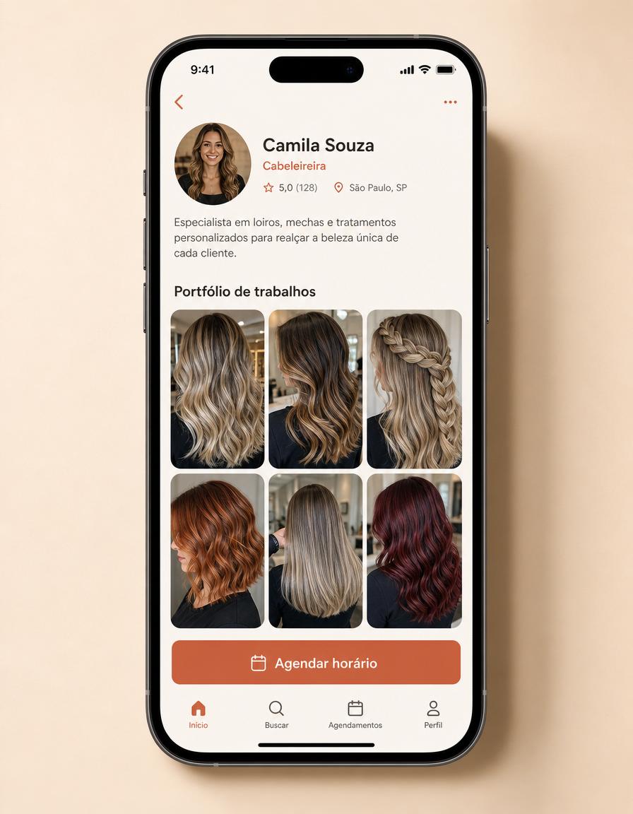 Perfil de profissional com galeria de portfólio no Agendei.Pro